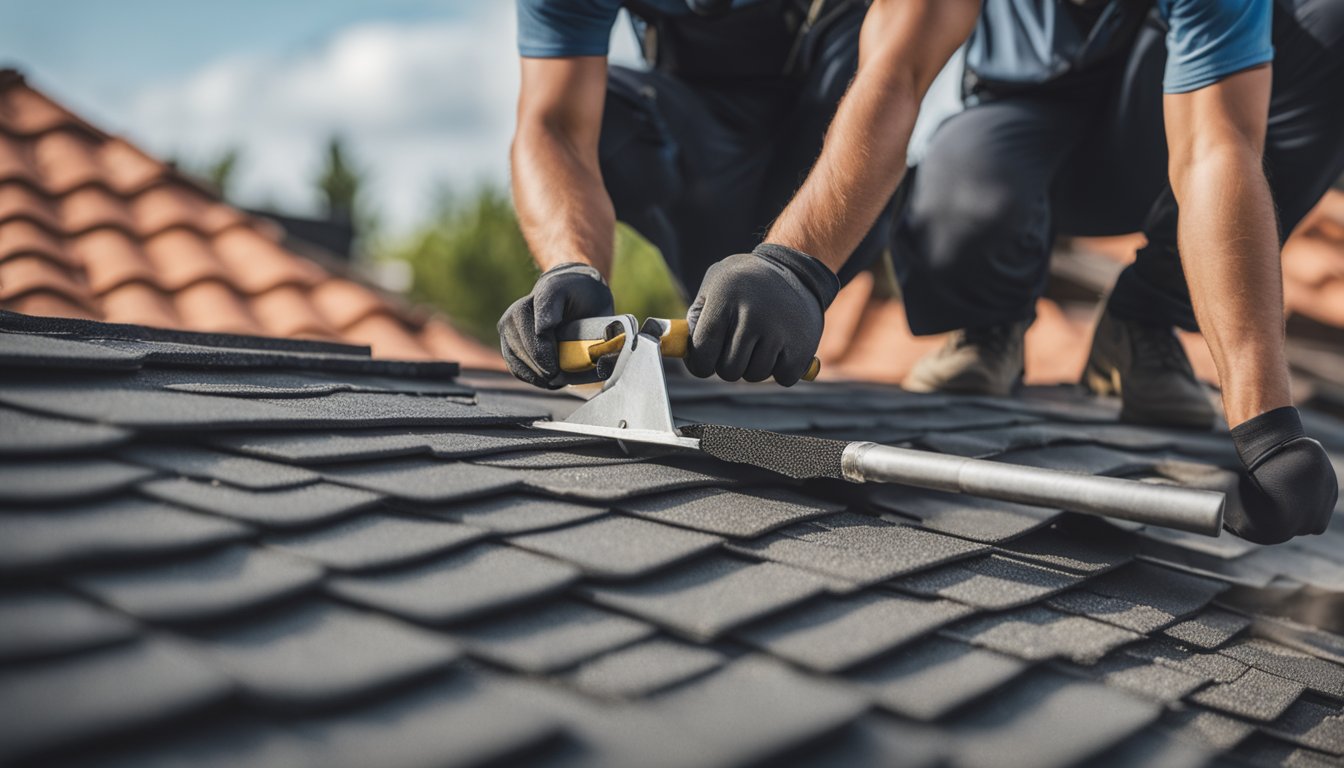 A roofer inspecting and repairing a well-maintained roof with tools and materials nearby