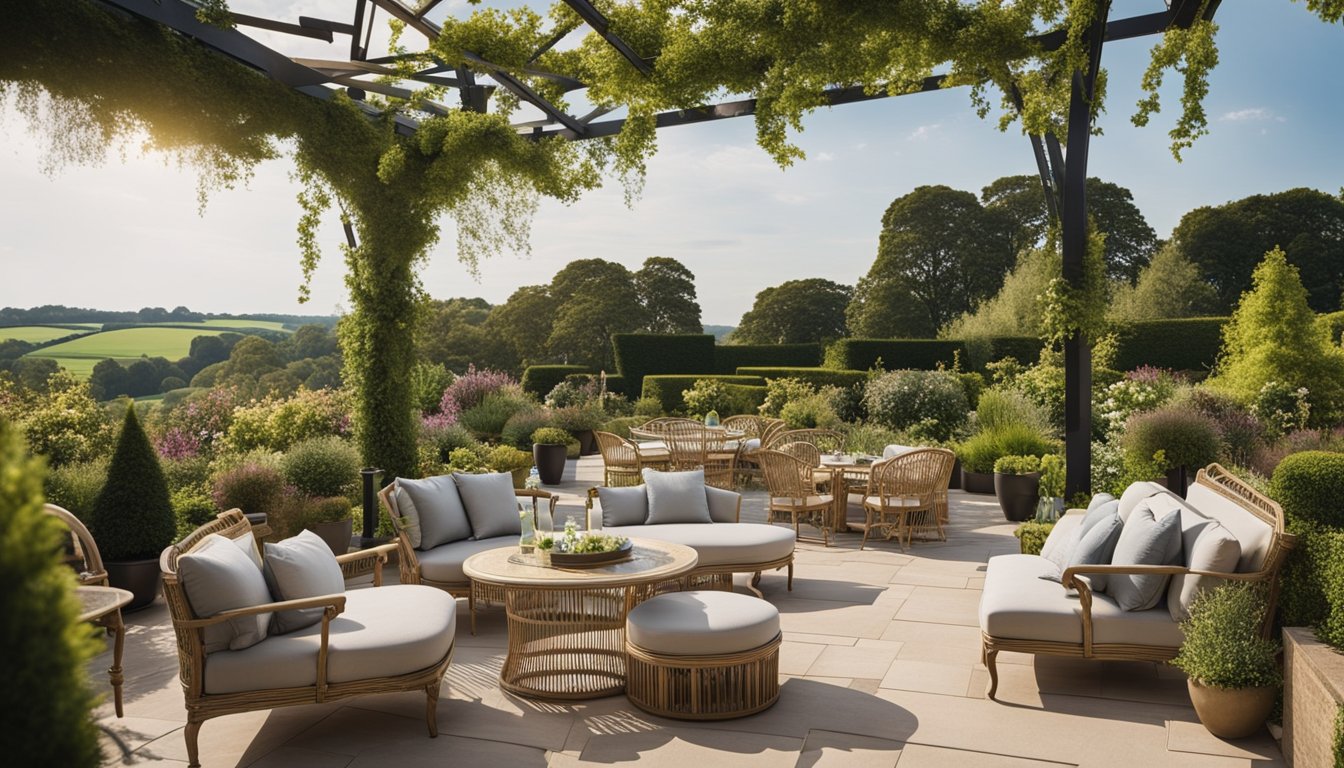 A lush, meticulously landscaped roof garden with elegant furniture, ornate planters, and a stunning view of the UK countryside