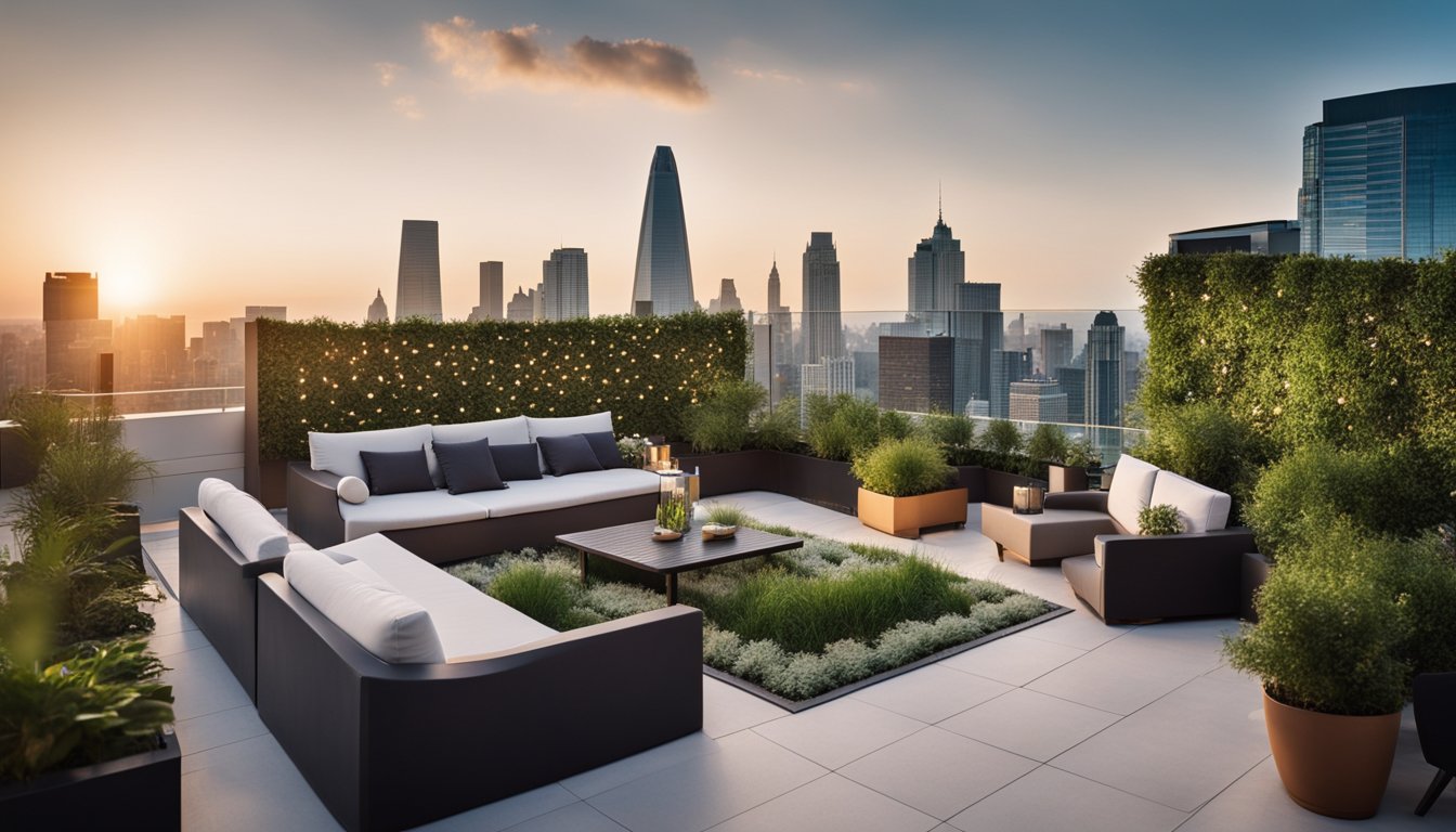 A modern rooftop garden with sleek furniture, lush greenery, and ambient lighting, overlooking the city skyline