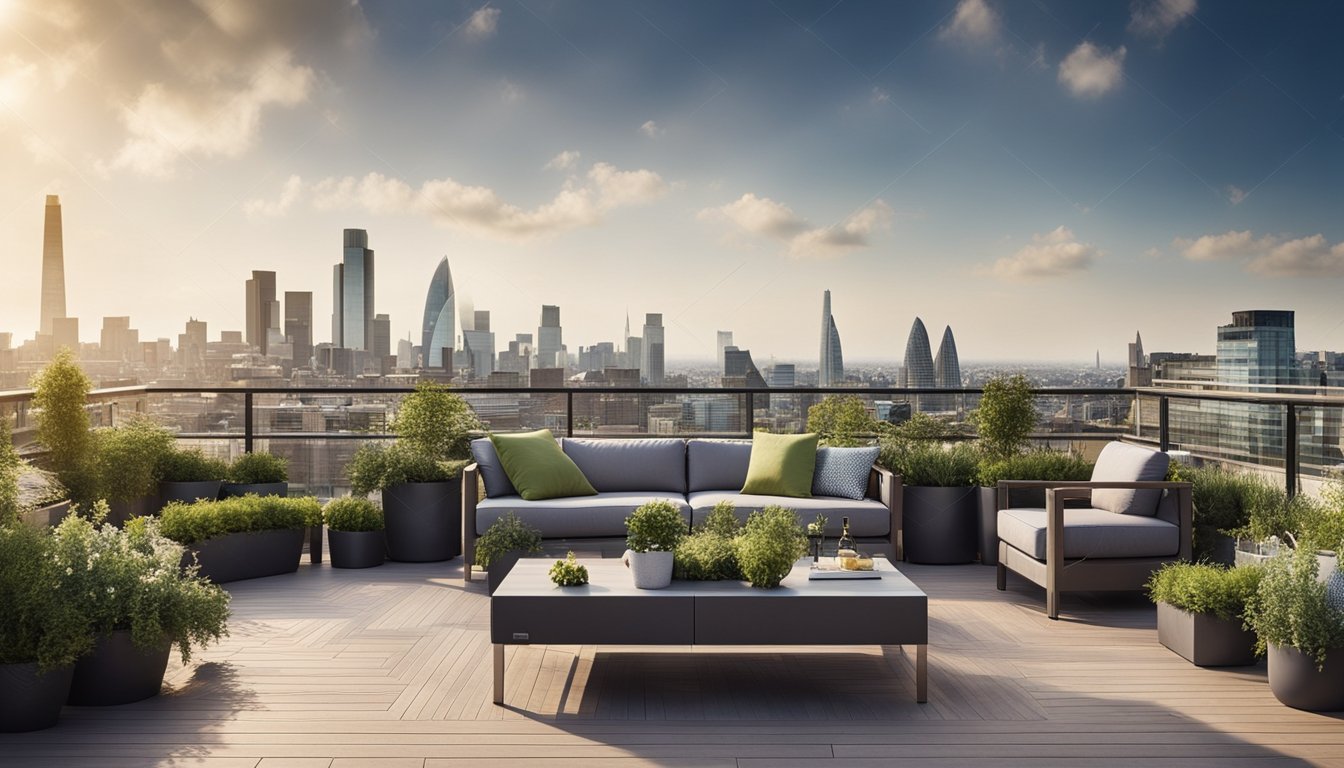 A luxurious rooftop garden with stylish furniture, lush greenery, and modern design features, set against the backdrop of a UK city skyline