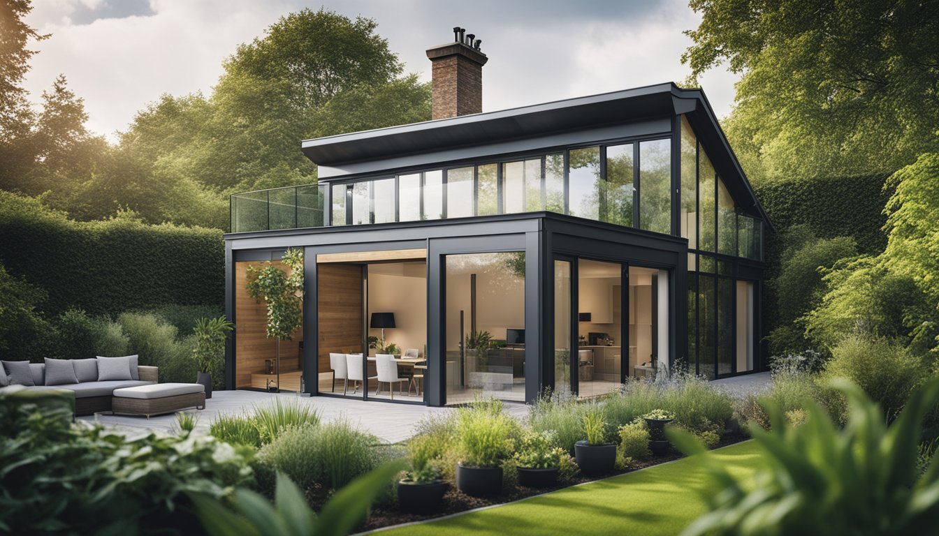 A modern UK home with innovative rainwater systems, surrounded by lush greenery and sustainable landscaping