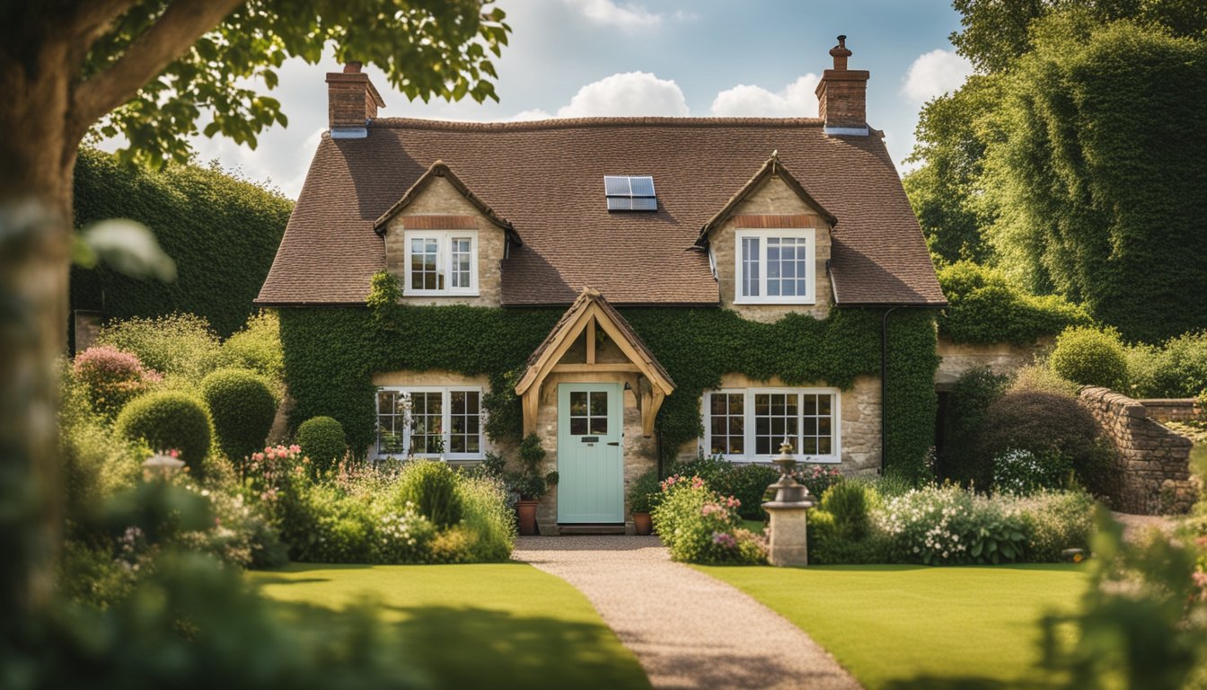 A quaint English cottage with a newly installed energy-efficient roof, surrounded by a well-kept garden and solar panels