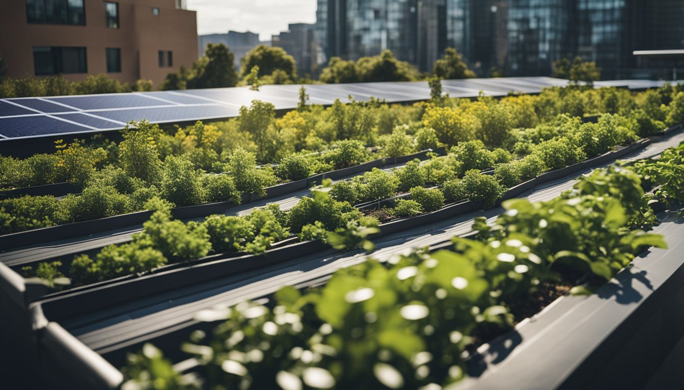 A lush rooftop garden with solar panels, rainwater collection systems, and vertical planters, surrounded by greenery and buzzing with pollinators