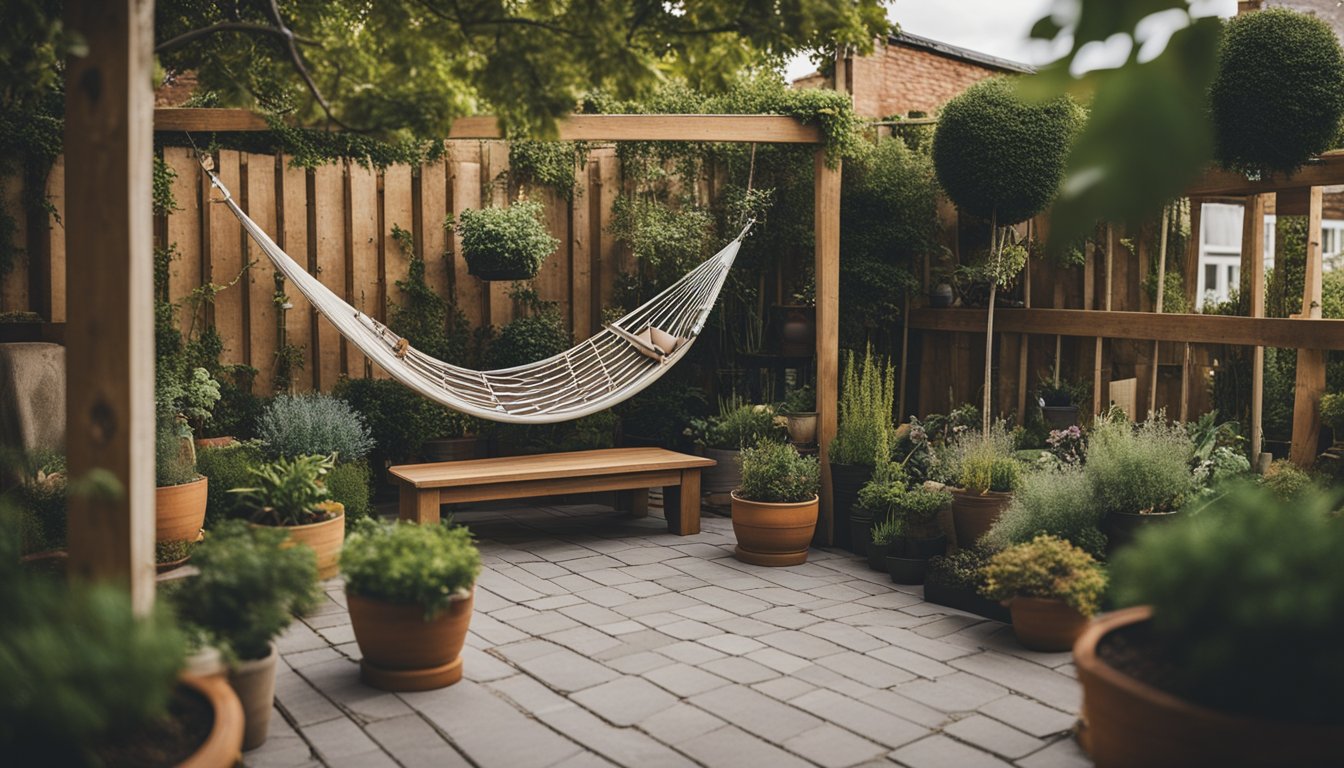 A cozy outdoor lounge area with potted plants, a small vegetable garden, and a hammock hanging between two trees on a garden rooftop in the UK