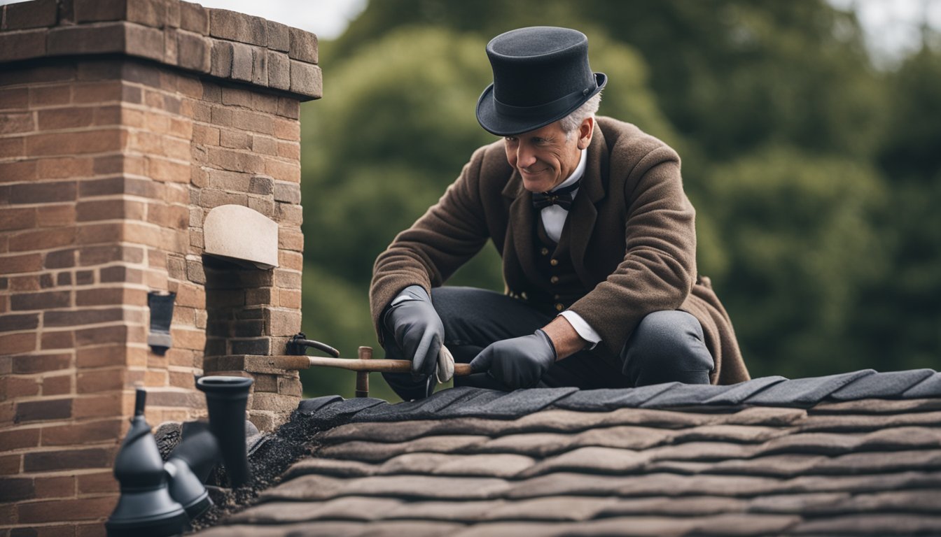 A chimney sweep in traditional British attire inspecting and cleaning a chimney with specialized tools and equipment