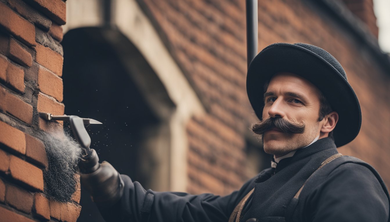 A chimney sweep in traditional UK attire, cleaning soot from a brick chimney with specialized tools and equipment