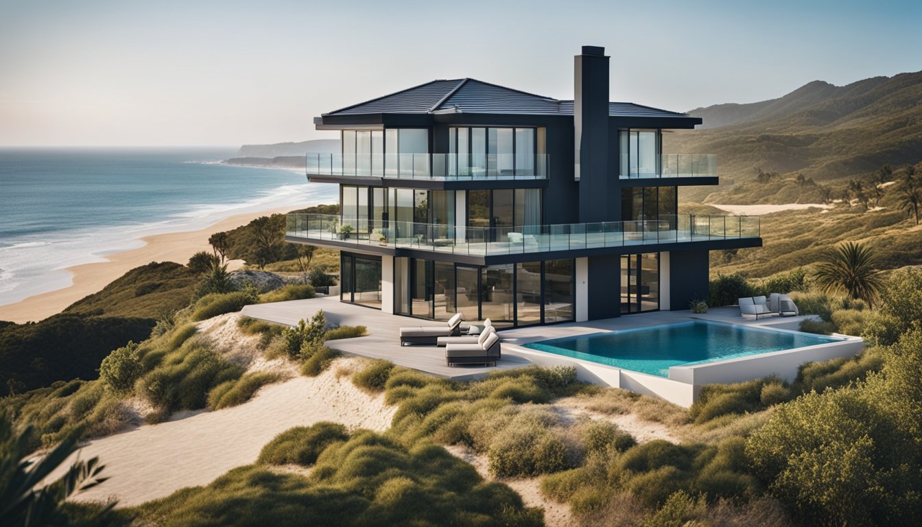 A coastal home with a modern, innovative roofing design, surrounded by the sea and sandy beaches, with sturdy, weather-resistant materials