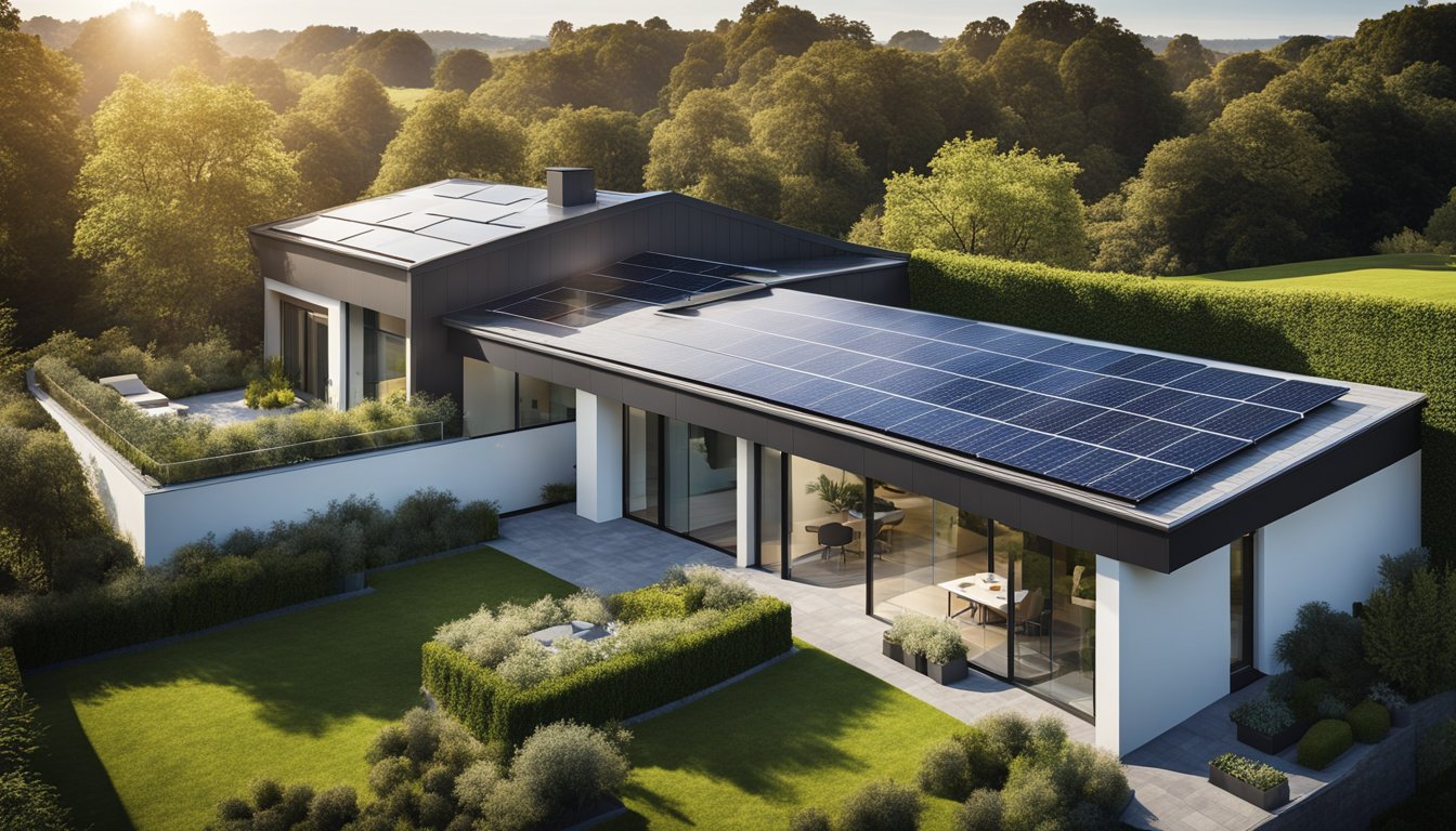 A modern, stylish roof on a UK home with solar panels, greenery, and sleek lines, representing the latest roofing trends for 2024
