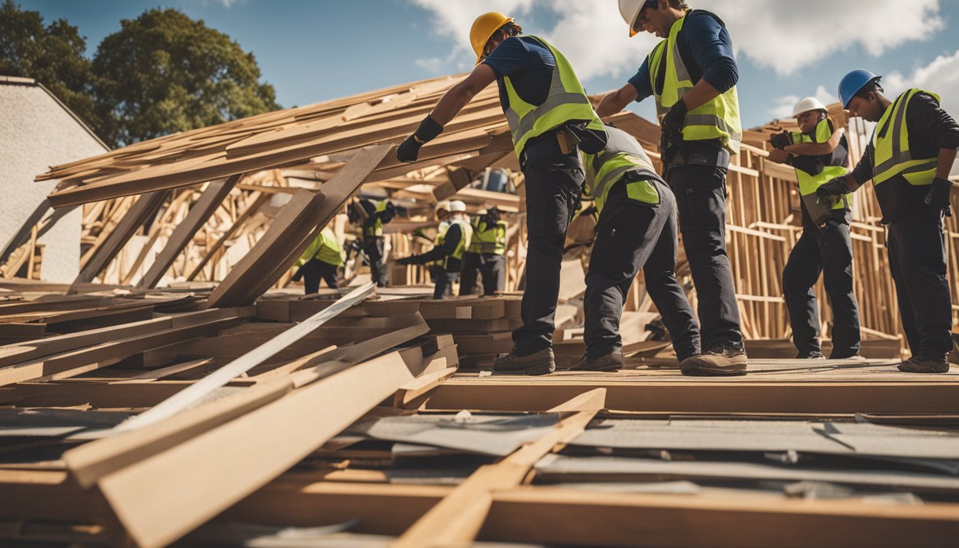 A group of workers replacing a roof on a house, with a stack of materials nearby and a spreadsheet showing increased project costs due to Brexit