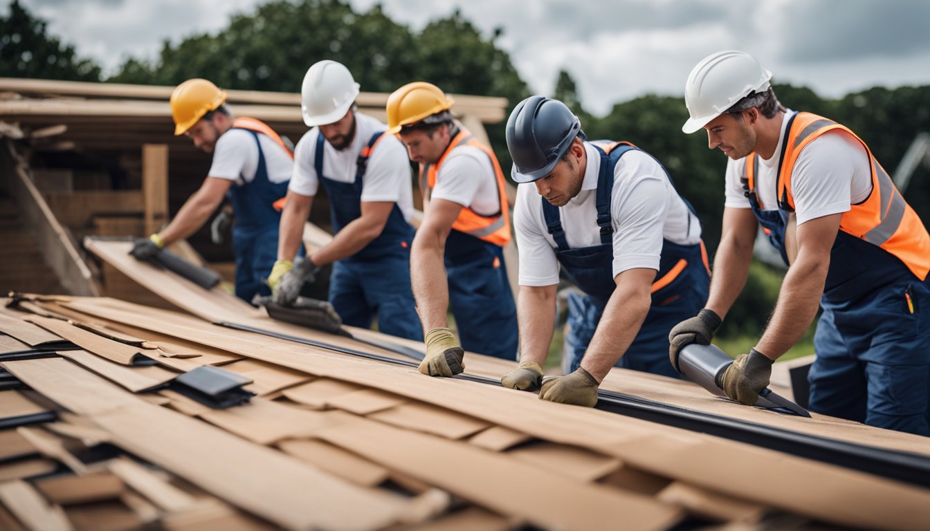 A group of workers installing roofing materials in the UK, with a mix of traditional and modern techniques. The scene shows the impact of Brexit on the industry
