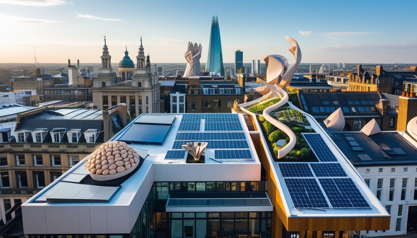 A city skyline in the UK showing various buildings with distinctive roof sculptures and modern rooftop features under a clear sky.