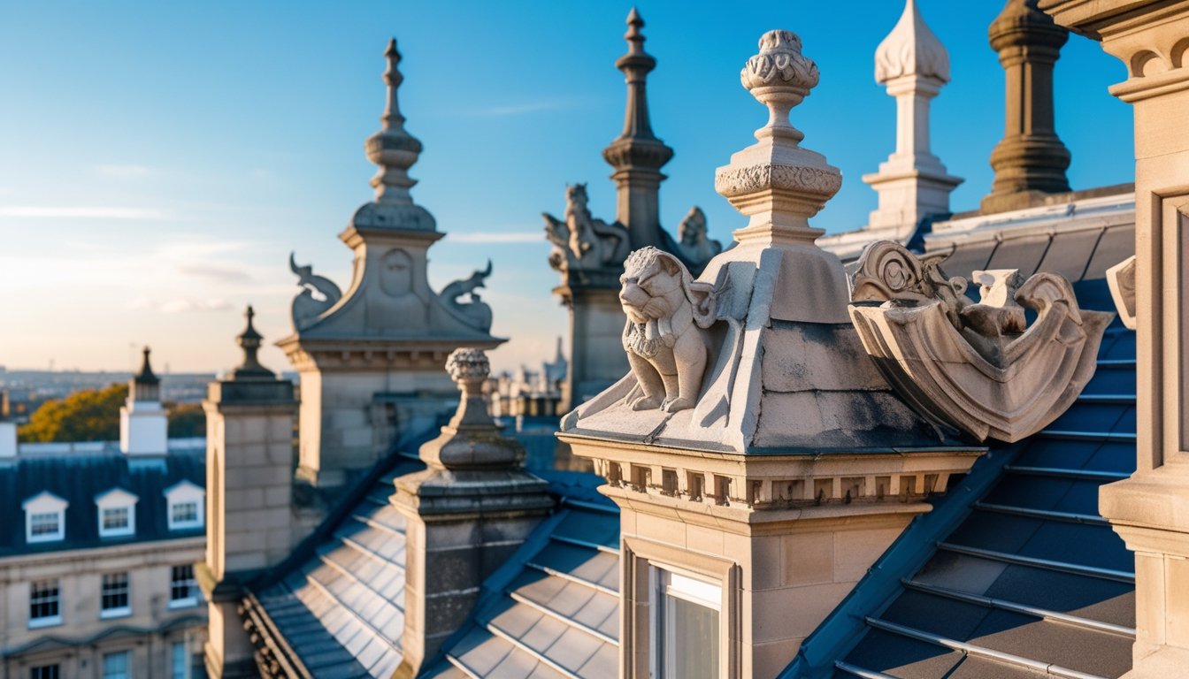 Close-up view of detailed architectural roof sculptures on historic British buildings under a clear blue sky.