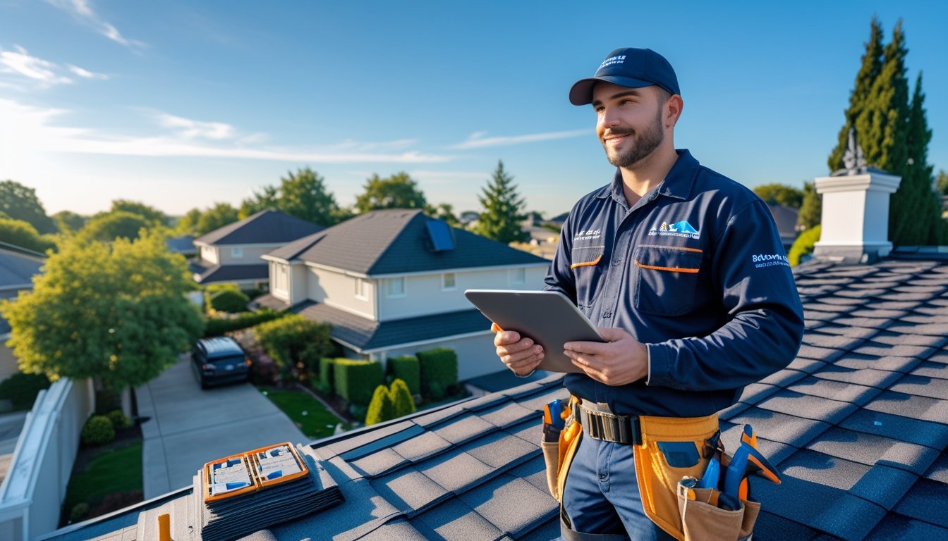 A roofing expert inspecting the roof of a suburban house on a sunny day, with roofing tools nearby.