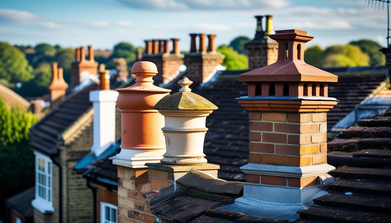 Rooftops of traditional UK houses displaying a variety of unique chimney pots under a clear sky.