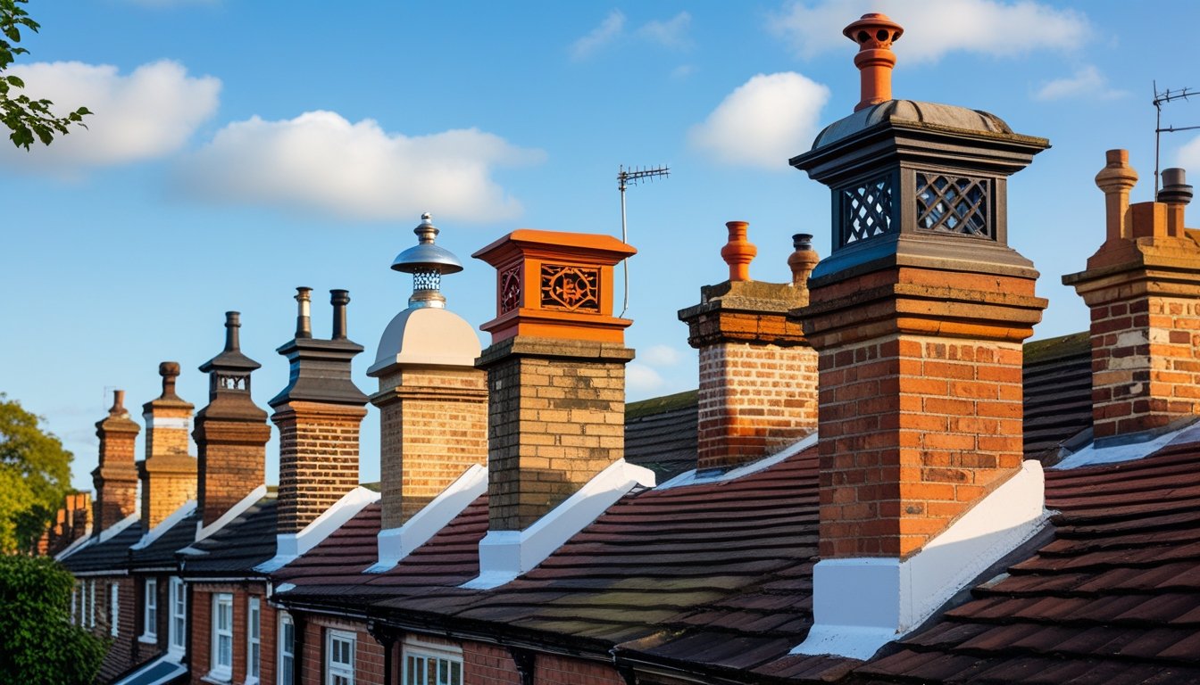 Row of traditional UK houses with various unique chimney pots on their rooftops under a blue sky.