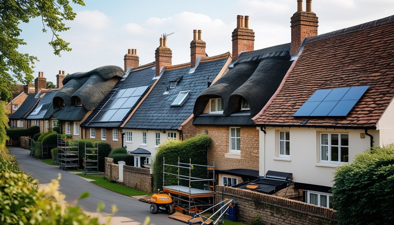 A row of British houses with different traditional and modern roof styles, some under restoration, set in a green village.