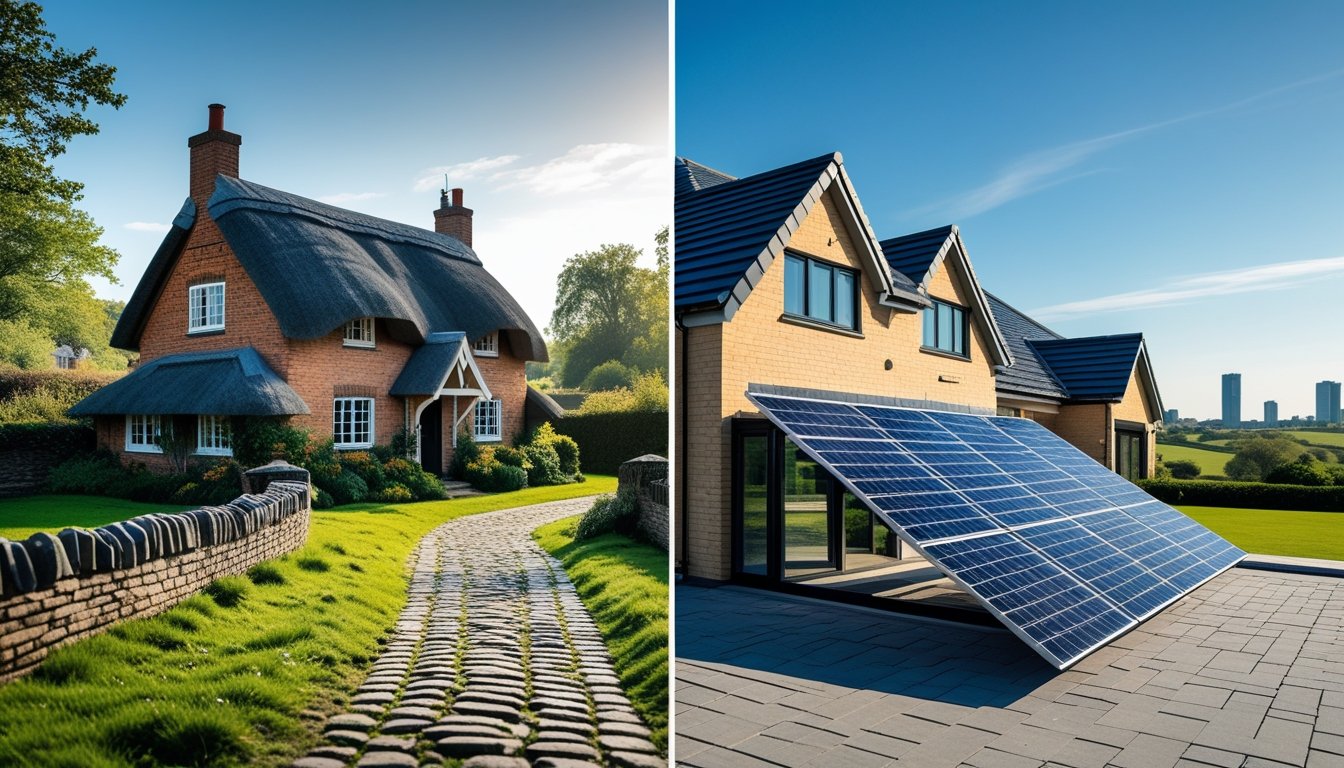 A split scene showing a traditional thatched roof cottage next to a modern house with slate tiles and solar panels in an English countryside setting.