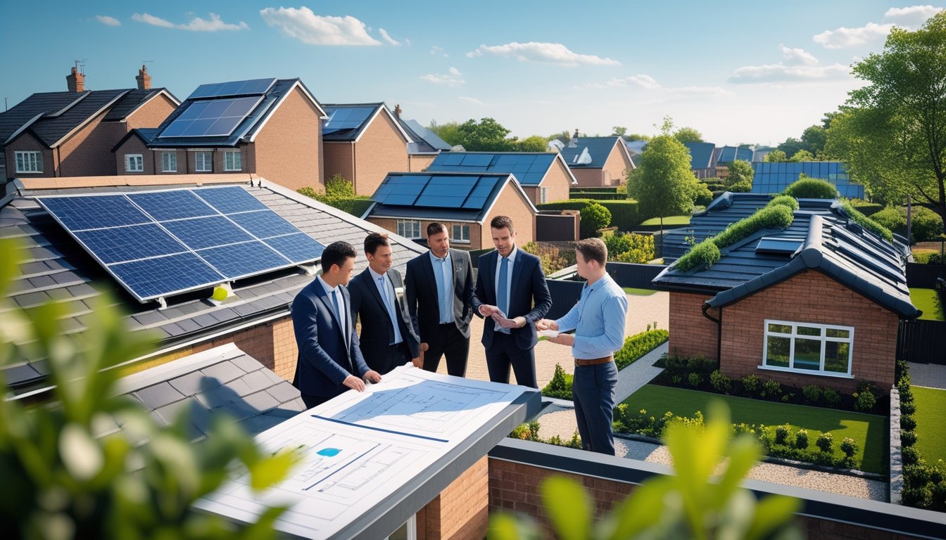 A group of professionals discussing sustainable roofing on a UK suburban street with houses featuring solar panels and green roofs under a clear sky.