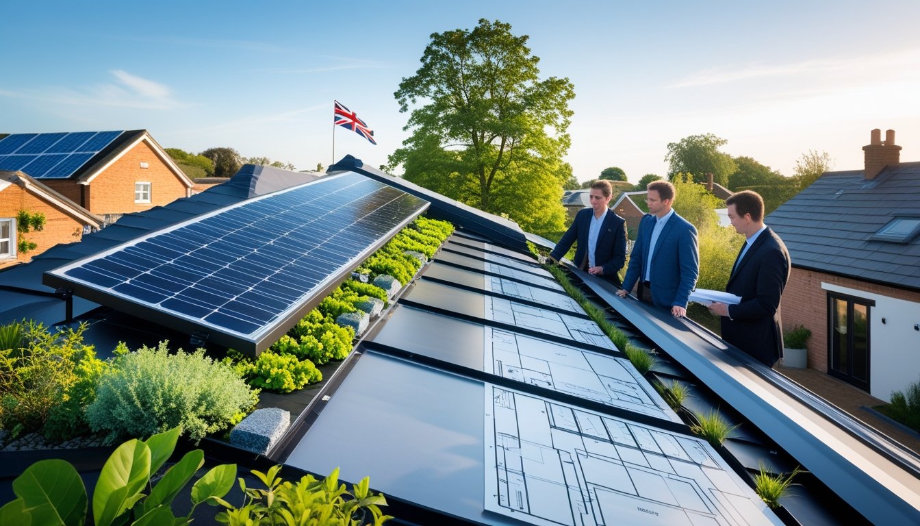 Professionals inspecting a modern UK rooftop with solar panels and green vegetation under a clear sky.