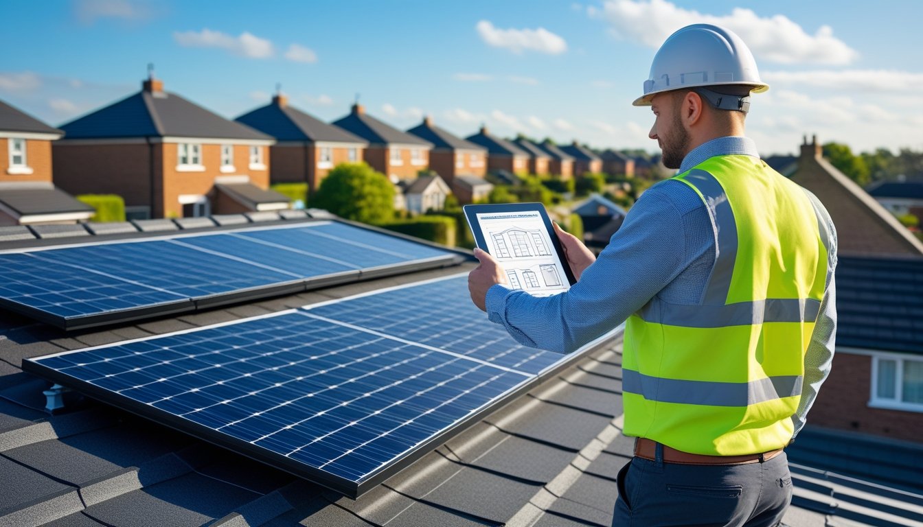 A roofing expert with a hard hat and tablet pointing at a modern UK house roof with solar panels and green roofing under a clear blue sky.