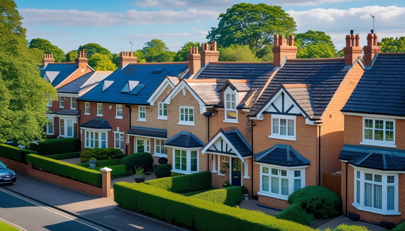 A sunny residential street in the UK with several well-kept houses featuring different roof designs, surrounded by greenery and clear skies.
