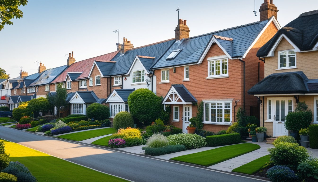 A row of well-kept UK houses with classic roofs and tidy front gardens on a sunny day.