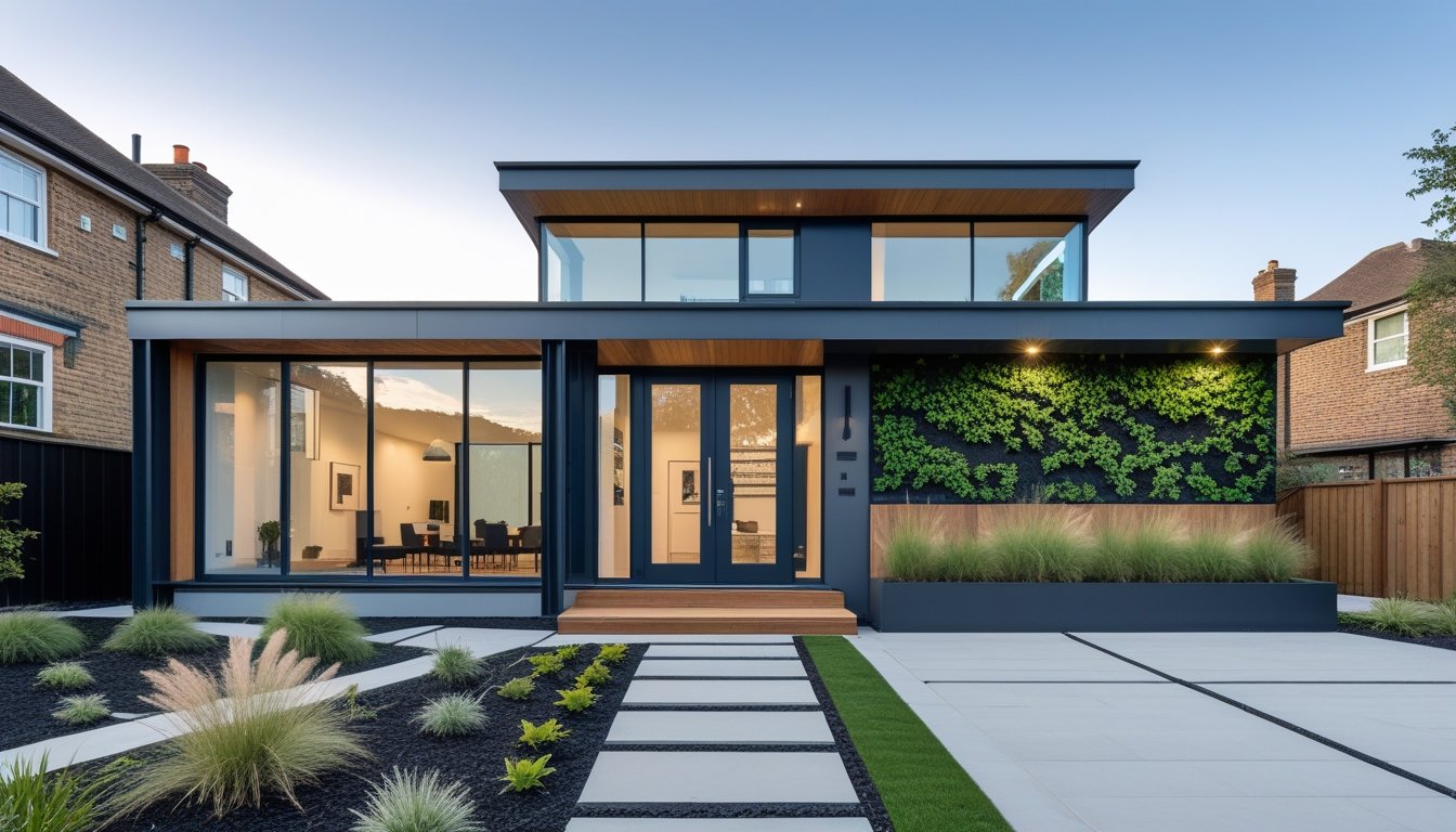 A modern UK house exterior with large windows, timber cladding, a green living wall, and a landscaped front garden under a clear sky.