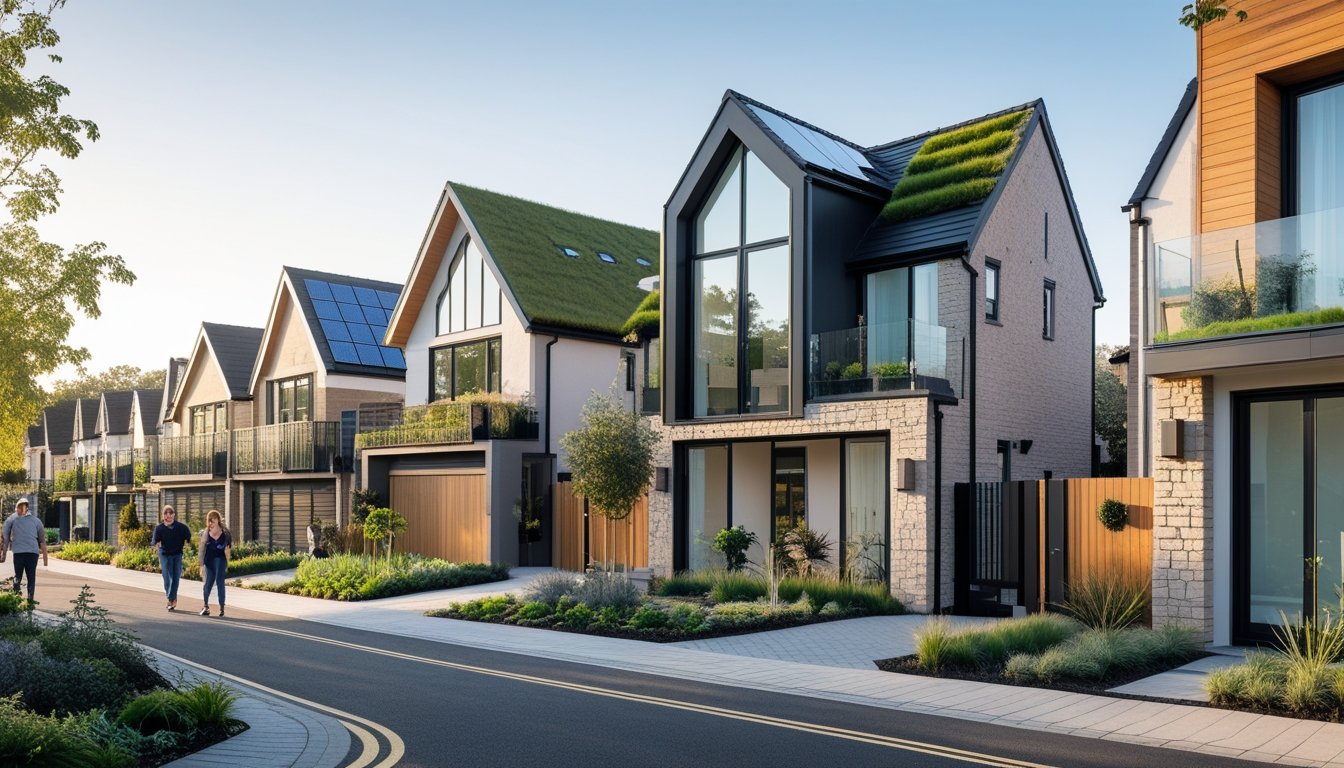 A residential street in the UK with modern houses featuring large windows, green roofs, and front gardens, with people walking nearby.