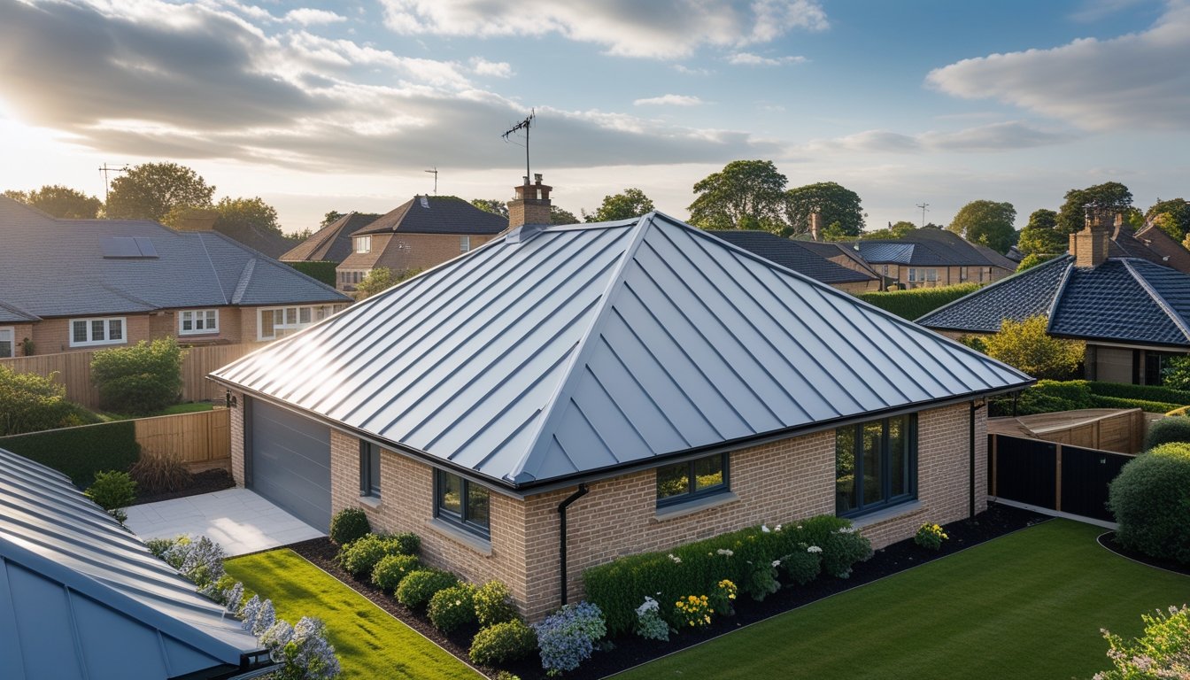 A modern UK house with a clean zinc roof surrounded by a green garden and neighbouring houses under a partly cloudy sky.
