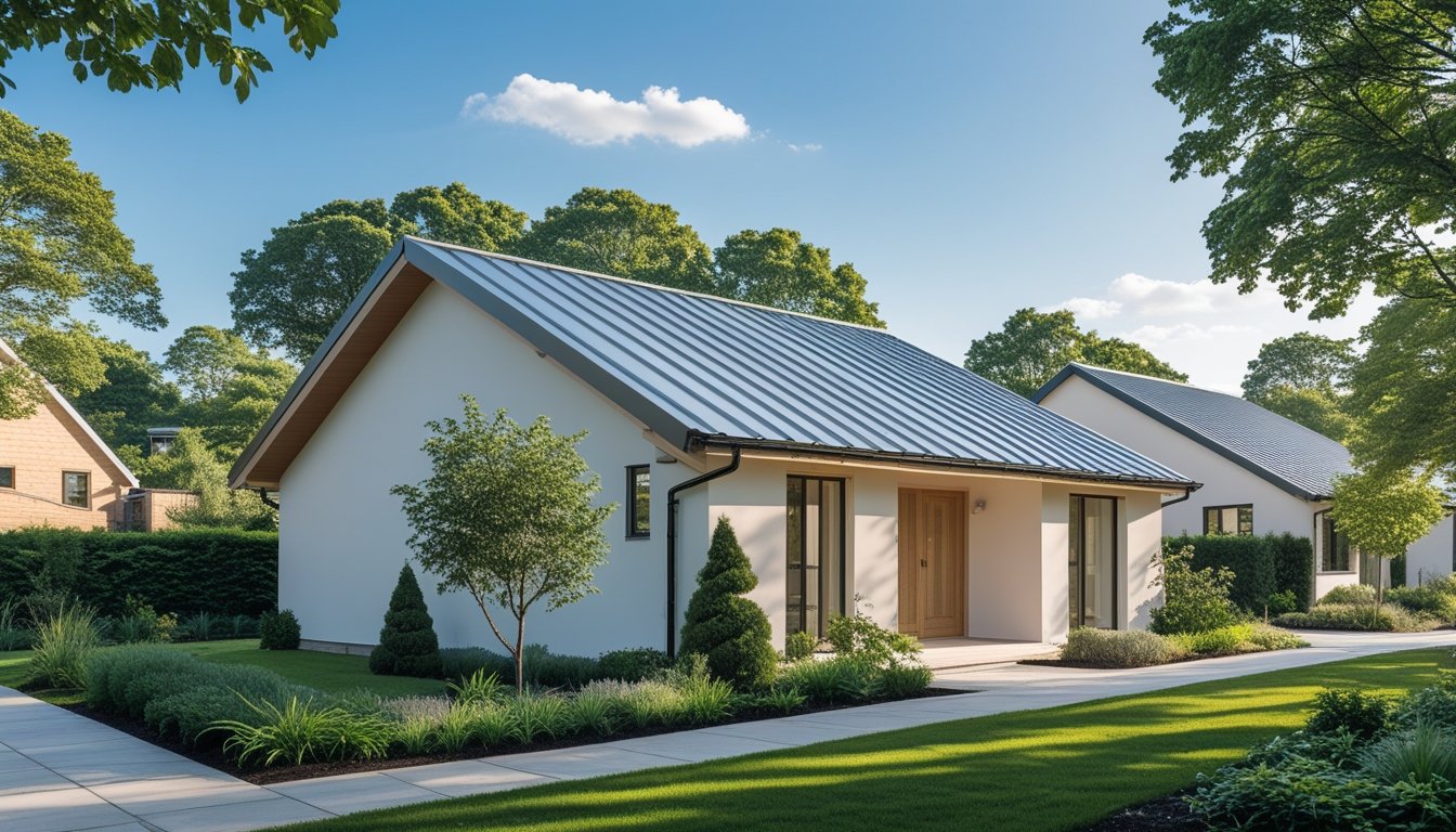 A modern UK house with a shiny zinc roof surrounded by green trees and a garden under a clear sky.