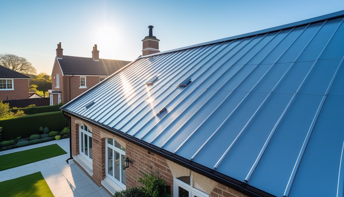 A modern UK house with a clean zinc roof, surrounded by a garden under a clear blue sky.