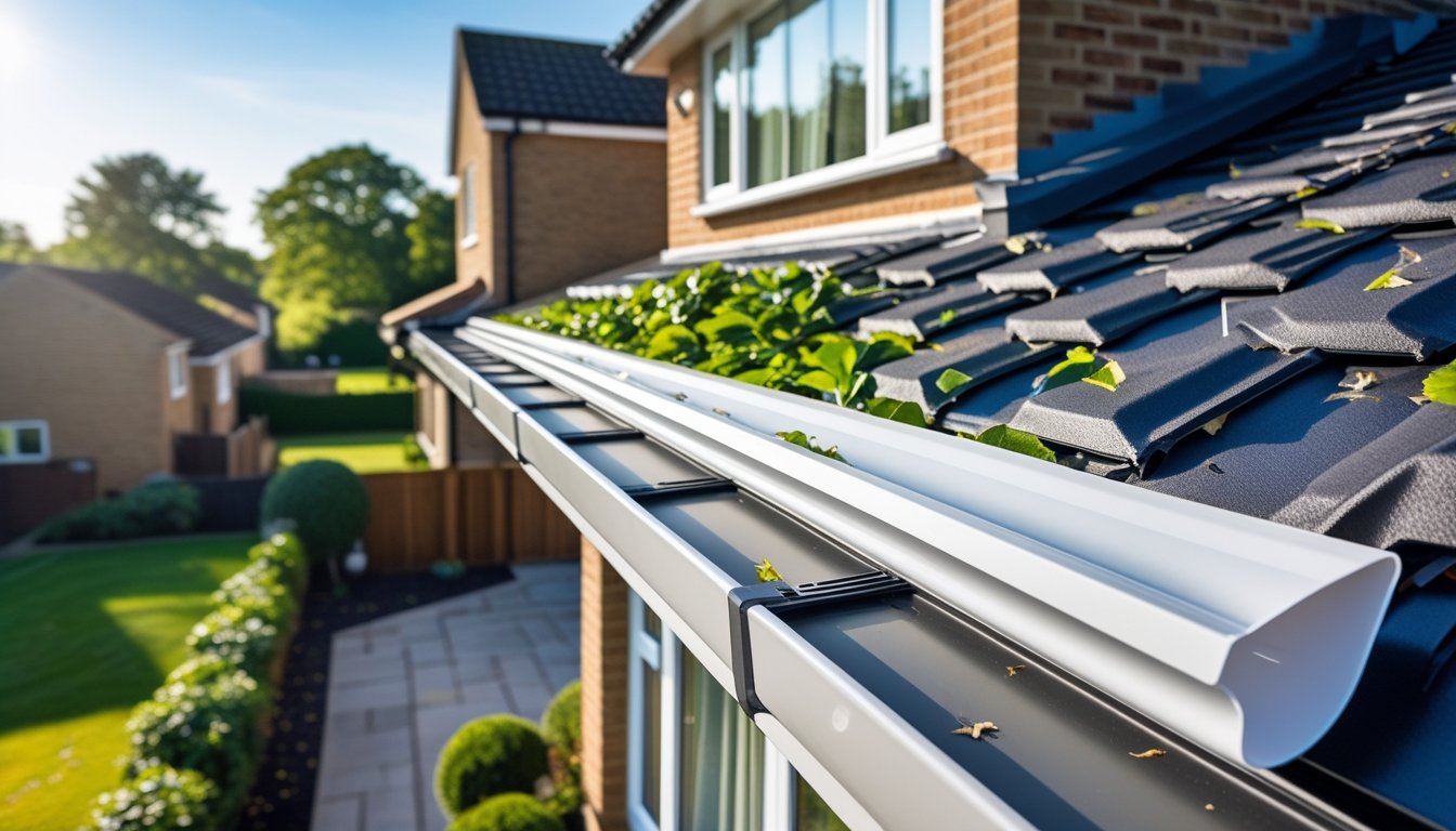 Close-up of a UK suburban house roof with a clean gutter guard installed, surrounded by trees and a garden.