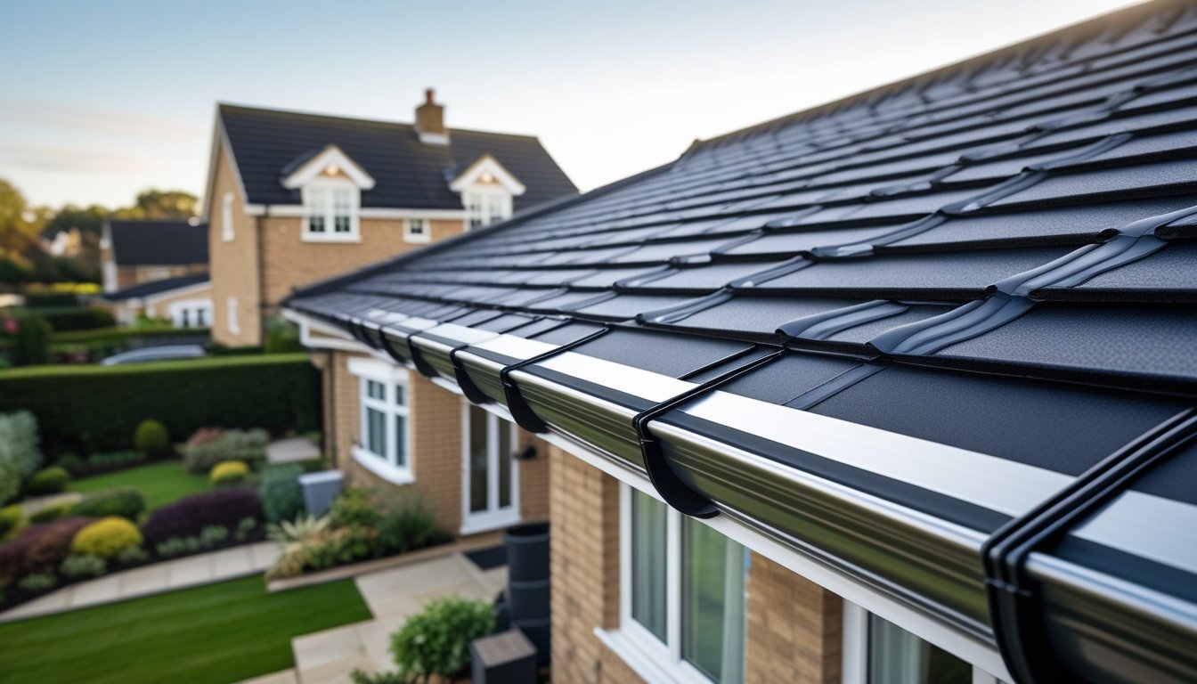 A close-up view of a UK suburban house roof with modern gutter guards installed, surrounded by gardens and greenery.