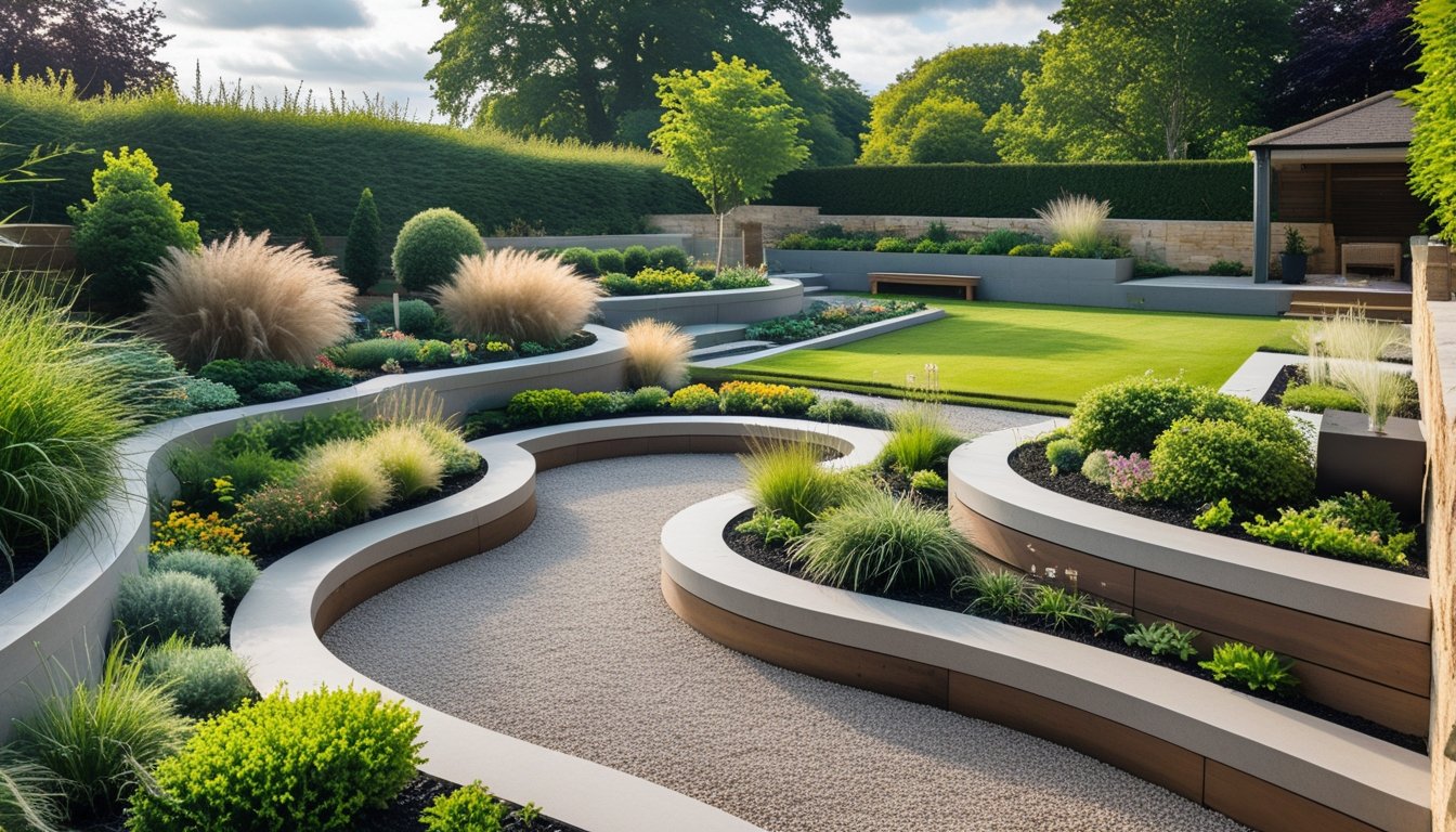 A UK garden with lush plants, stone terraces, curved gravel paths, wooden benches, and mature trees under a partly cloudy sky.