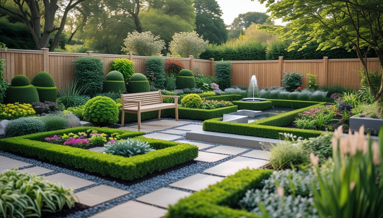 A well-kept UK garden with colourful flowers, trimmed hedges, a wooden bench on a stone patio, a small water fountain, and a wooden fence with trees in the background.