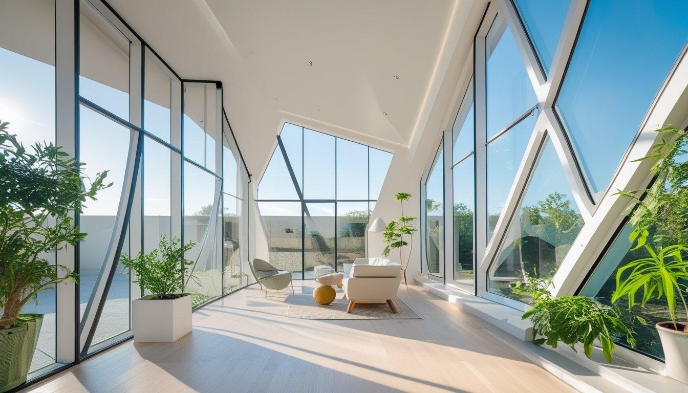 A bright modern room with large creative windows letting in abundant natural light, featuring plants and contemporary furniture.