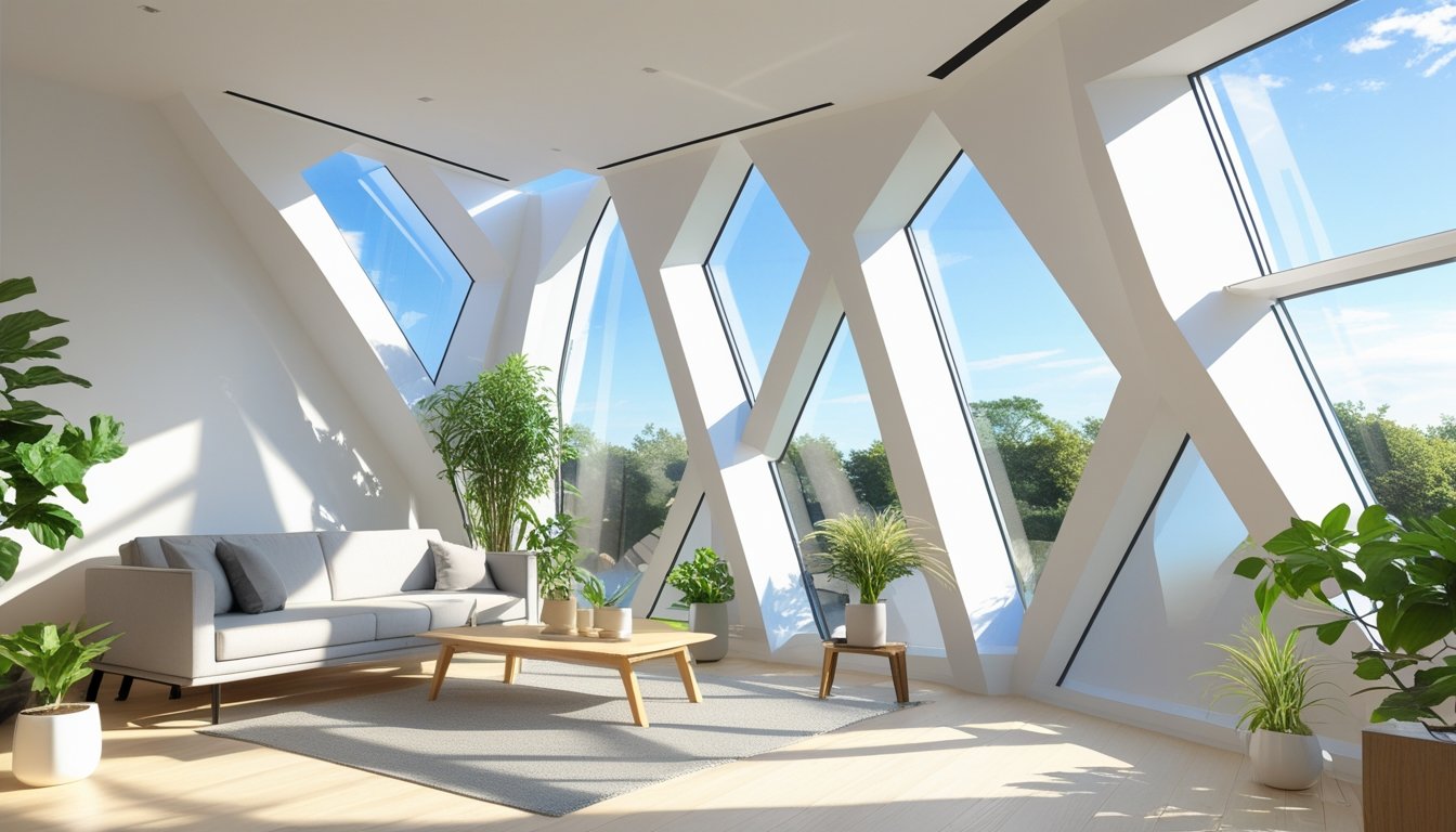 A bright living room with large, uniquely shaped windows letting in sunlight that lights up the space with furniture and plants inside.