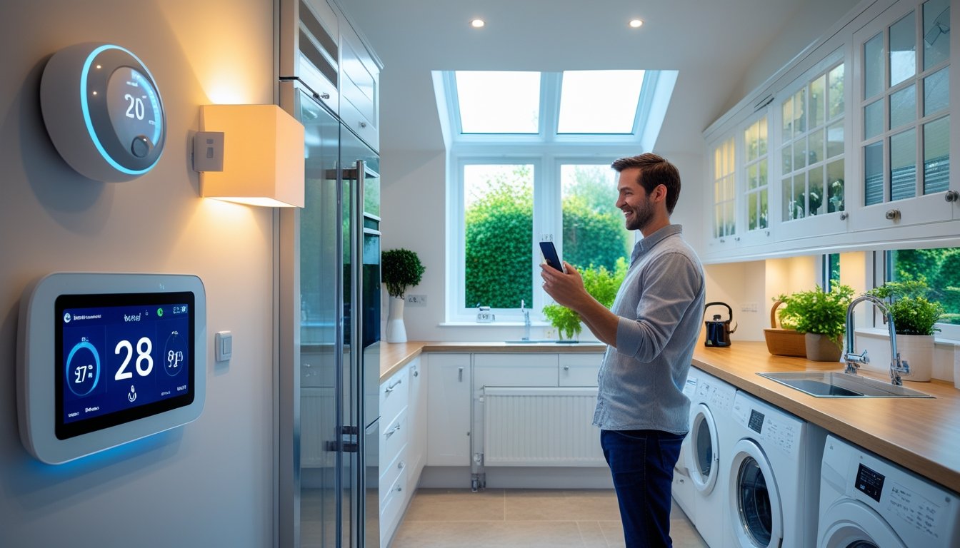 A modern UK home interior with a smart thermostat, energy-efficient lighting, double-glazed windows, and a person using a smartphone to control home energy settings, with solar panels visible outside.