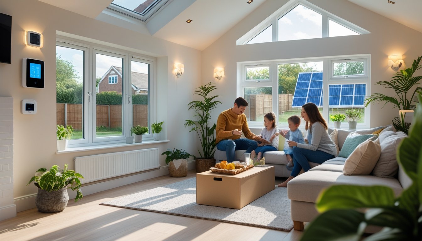 A family in a bright living room with large windows, smart thermostat, and solar panels visible outside, demonstrating home energy efficiency.