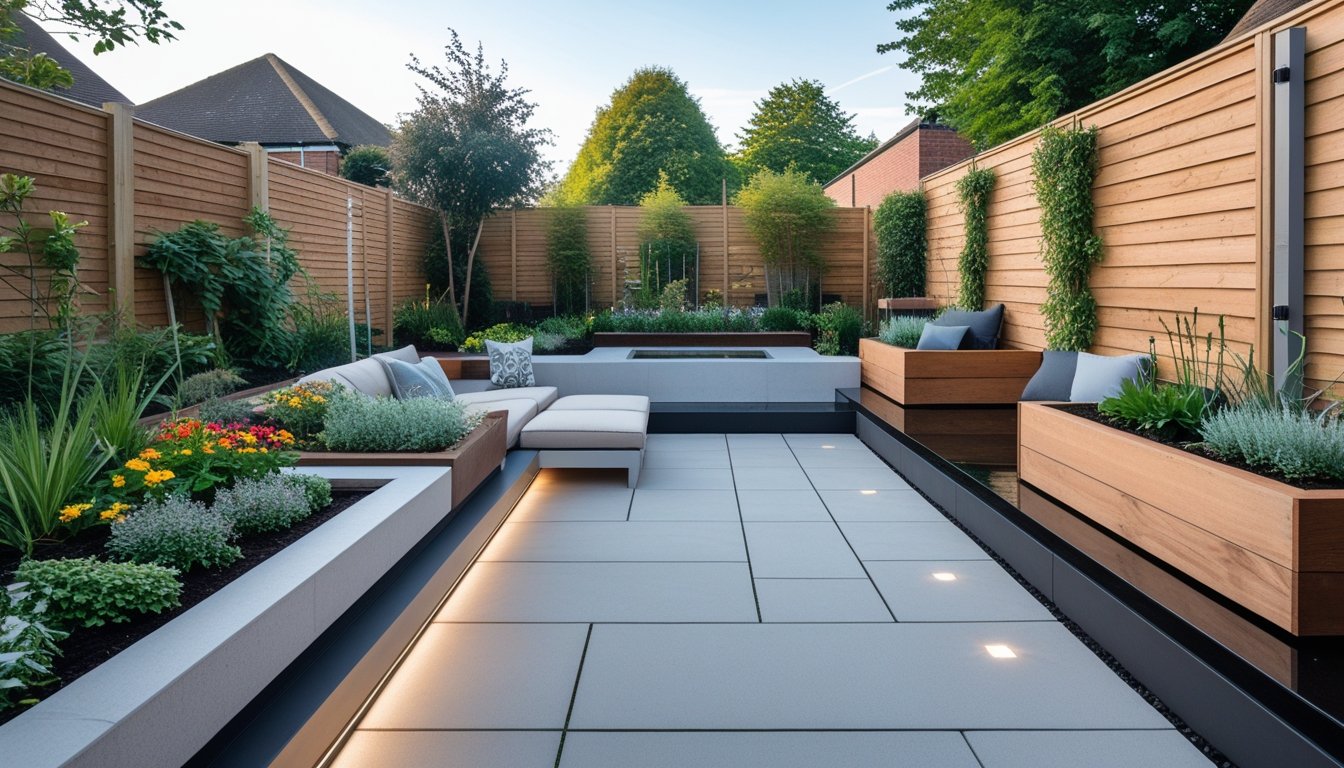 A modern UK garden with raised planter boxes, a water feature, outdoor furniture, and neatly paved pathways surrounded by greenery.