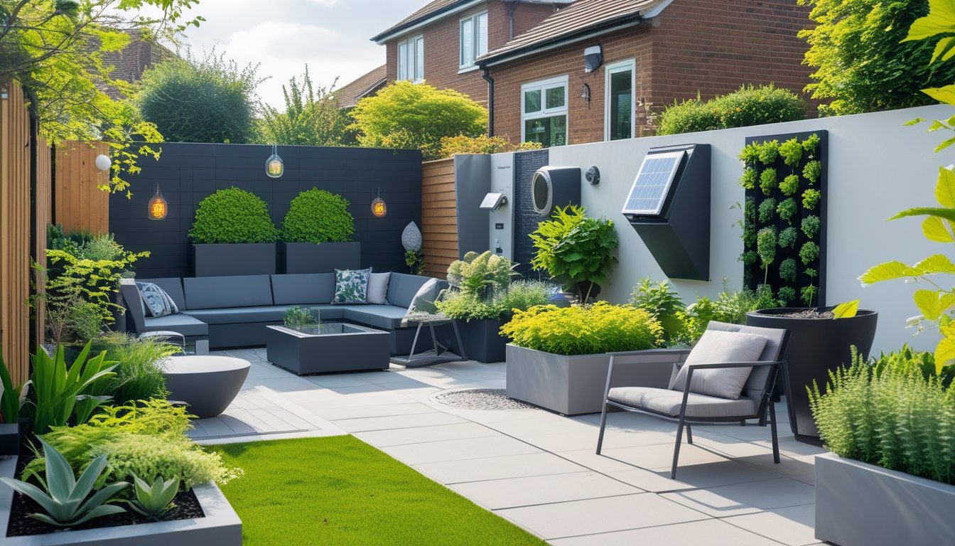 A modern UK garden with a patio, green plants in creative planters, vertical garden walls, and eco-friendly features like solar lights and rainwater collectors.