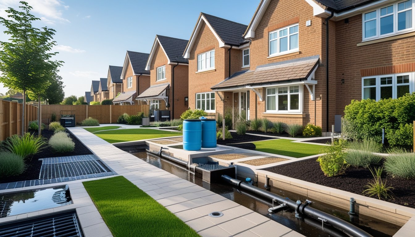 A residential street in the UK showing houses with modern drainage features like rainwater barrels, permeable paving, and garden soakaways.
