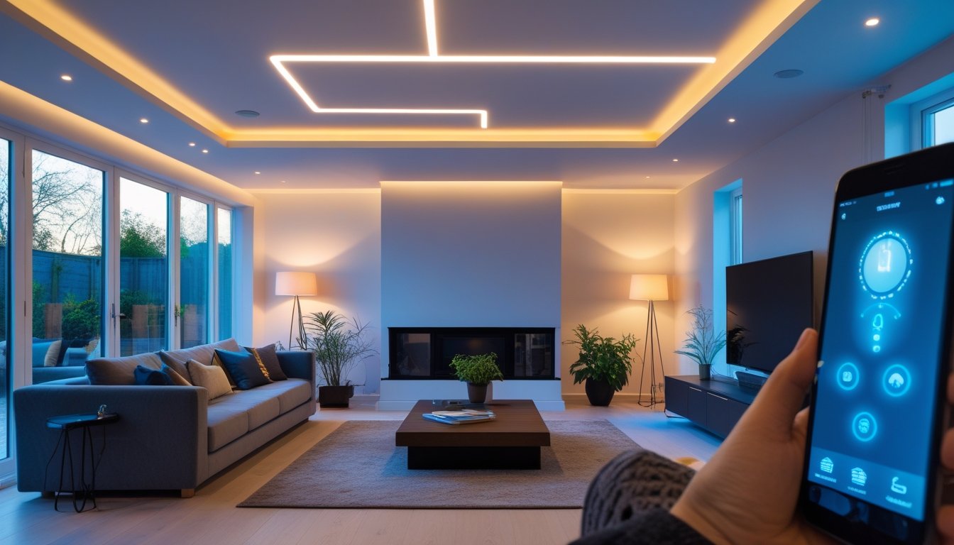 A person controlling smart lighting in a modern UK living room with adjustable ceiling lights and lamps, showing a comfortable and well-lit home environment.