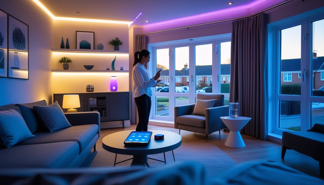 A person using a smartphone to control smart lighting in a modern UK living room with ambient LED lights and contemporary furniture.