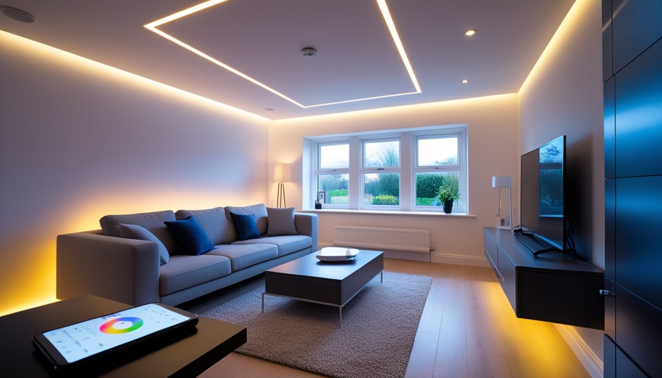 A modern UK living room with smart lighting, showing adjustable LED lights and a smartphone controlling the lighting.
