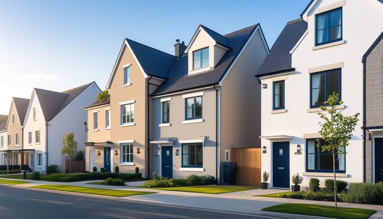 A row of modern UK homes with different exterior colours on a sunny day, surrounded by small trees and gardens.