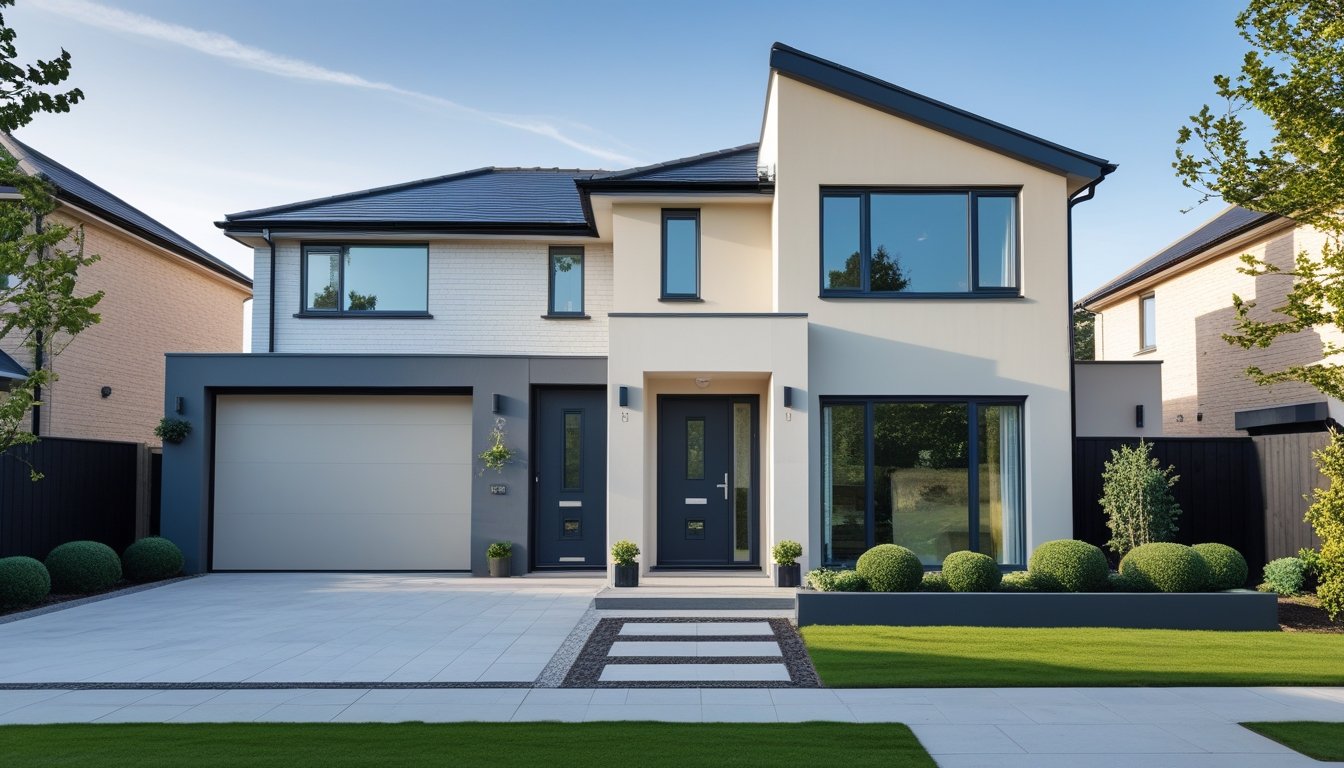 A modern UK house exterior with neutral tones, dark window frames, and a tidy front garden under a clear sky.