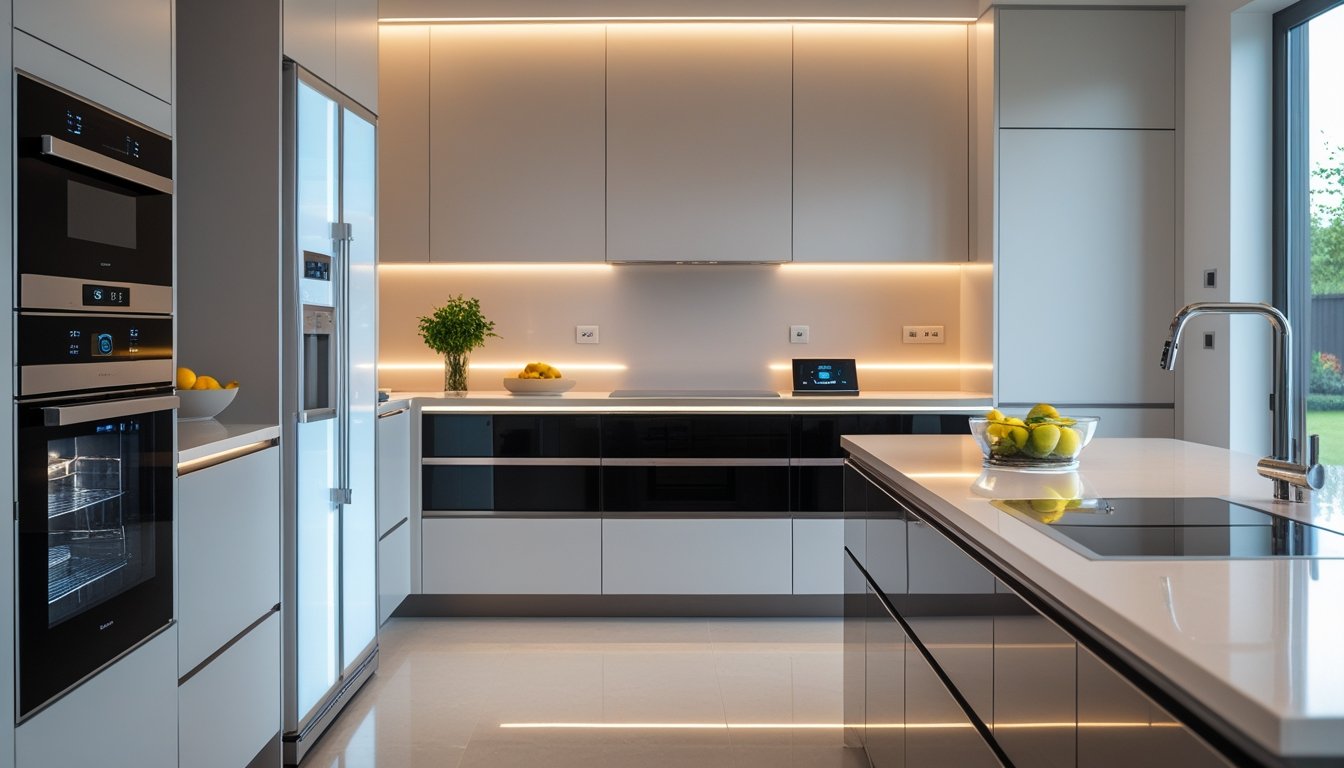 A modern kitchen with smart appliances, bright lighting, and a clean, organised workspace.