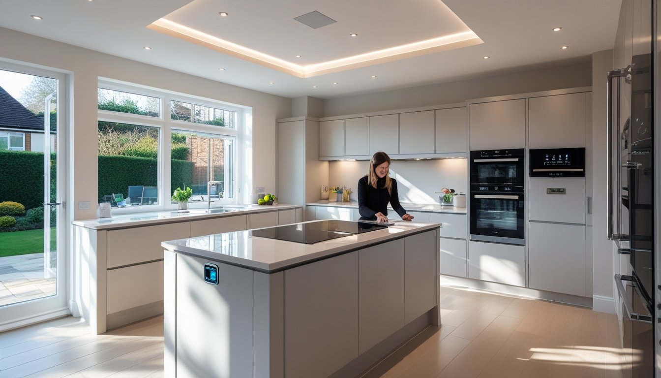 A modern UK kitchen with smart appliances and a person using a touchscreen control panel on the kitchen island.