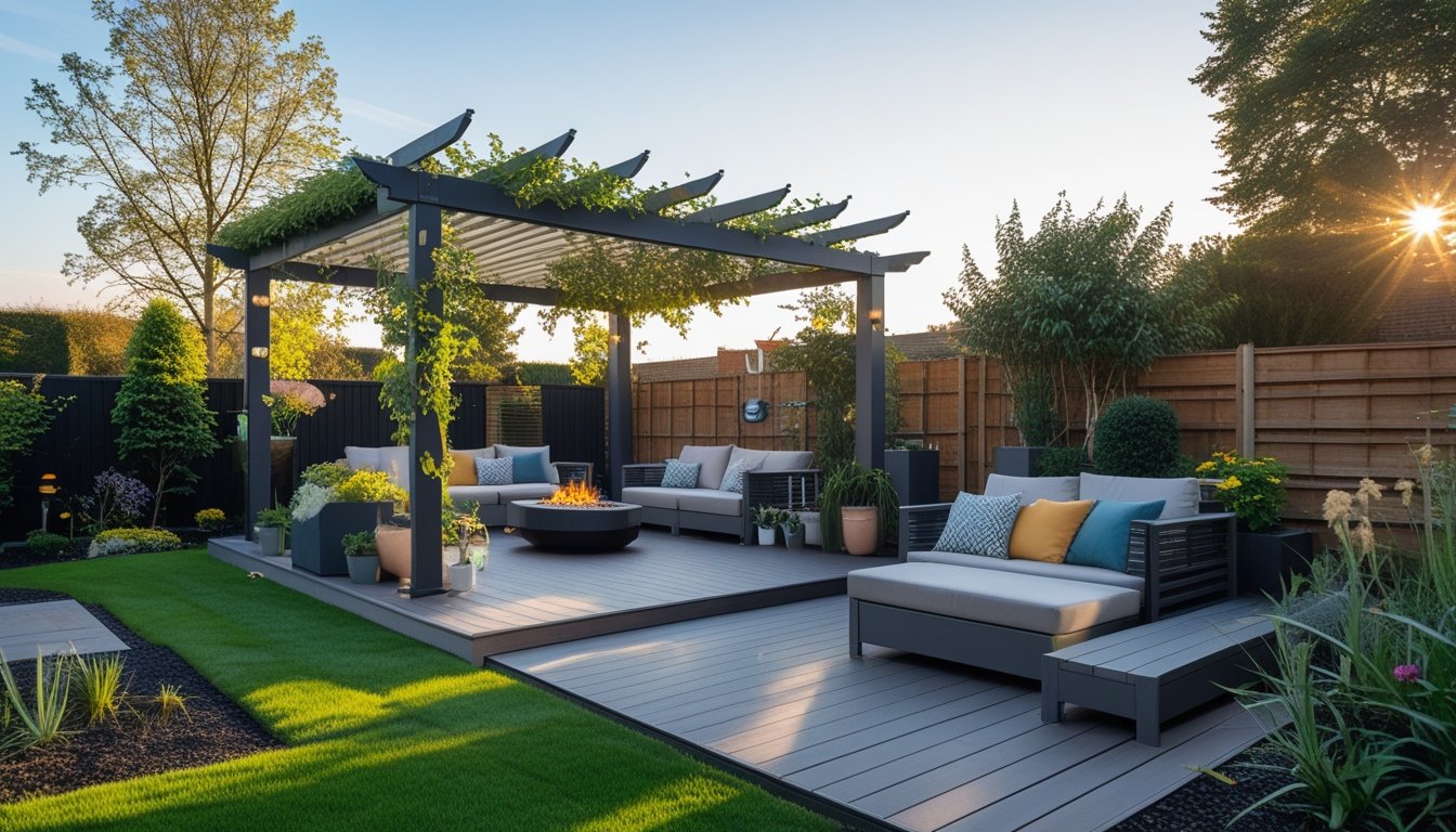 A modern outdoor patio in a UK garden with wooden decking, seating, plants, and a pergola in daylight.
